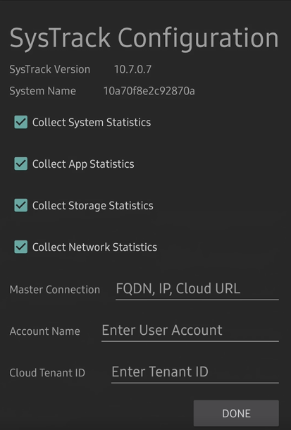 Configuration screen for SysTrack Android