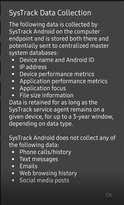 SysTrack Data Collection with a list of the data that is collected and is not colllected.