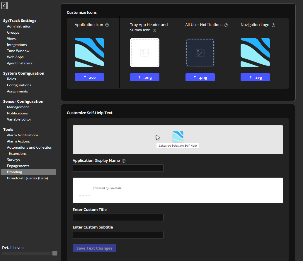 Branding Customize Icons, Customize Self-Help Text, Application Display Name, Enter Custom Title, Enter Customer Subtitle