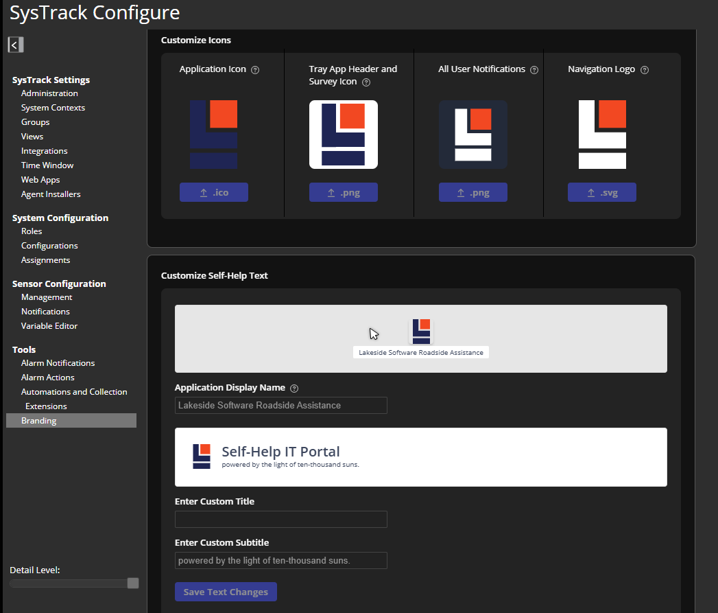 Branding Customize Icons, Customize Self-Help Text, Application Display Name, Enter Custom Title, Enter Customer Subtitle
