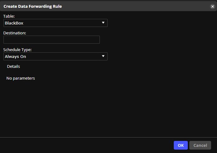 Create data forwarding rule table, destination, schedule type, details, no parameters