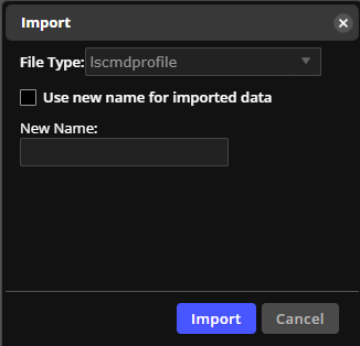 Click the Import button to open the Import box which includes file type and the option to use a new name for imported data.