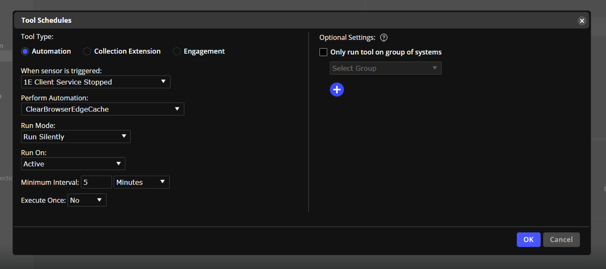 "Tool Schedules" window showing an automation tool triggered by the "1E Client Service Stopped" sensor to run "ClearBrowserEdgeCache" silently. Settings include active run mode, 5-minute interval, and "Execute Once" set to No. Optional group settings are disabled. "OK" and "Cancel" buttons appear at the bottom.