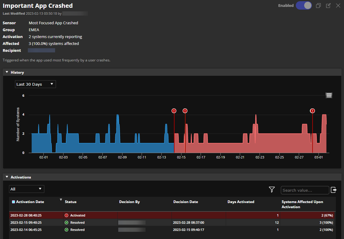 A page displaying data for a specific sensor notification